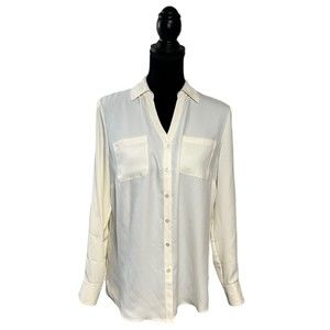 Talbots Woman’s Petite Medium Ivory Button Up Long Sleeve Collard Blouse